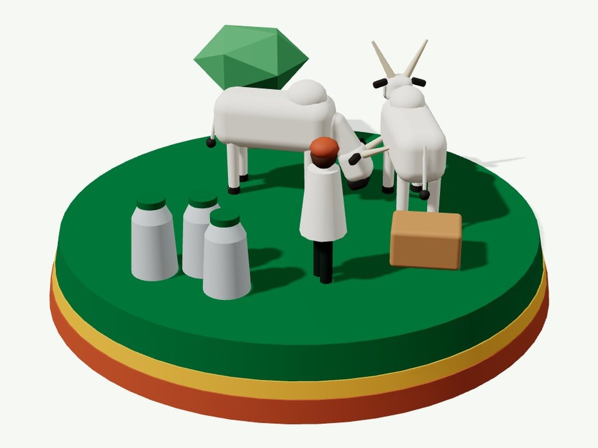 3D illustration: Cattle beside milk cans at a collection point