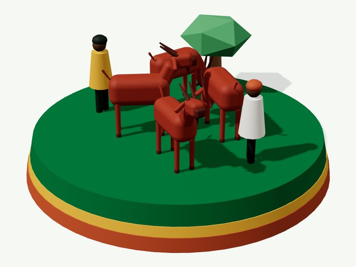 3D illustration: Red Sokoto goats with two women farmers