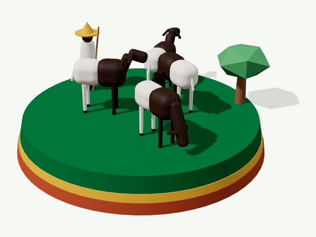 3D illustration: Uda sheep grazing with a herder